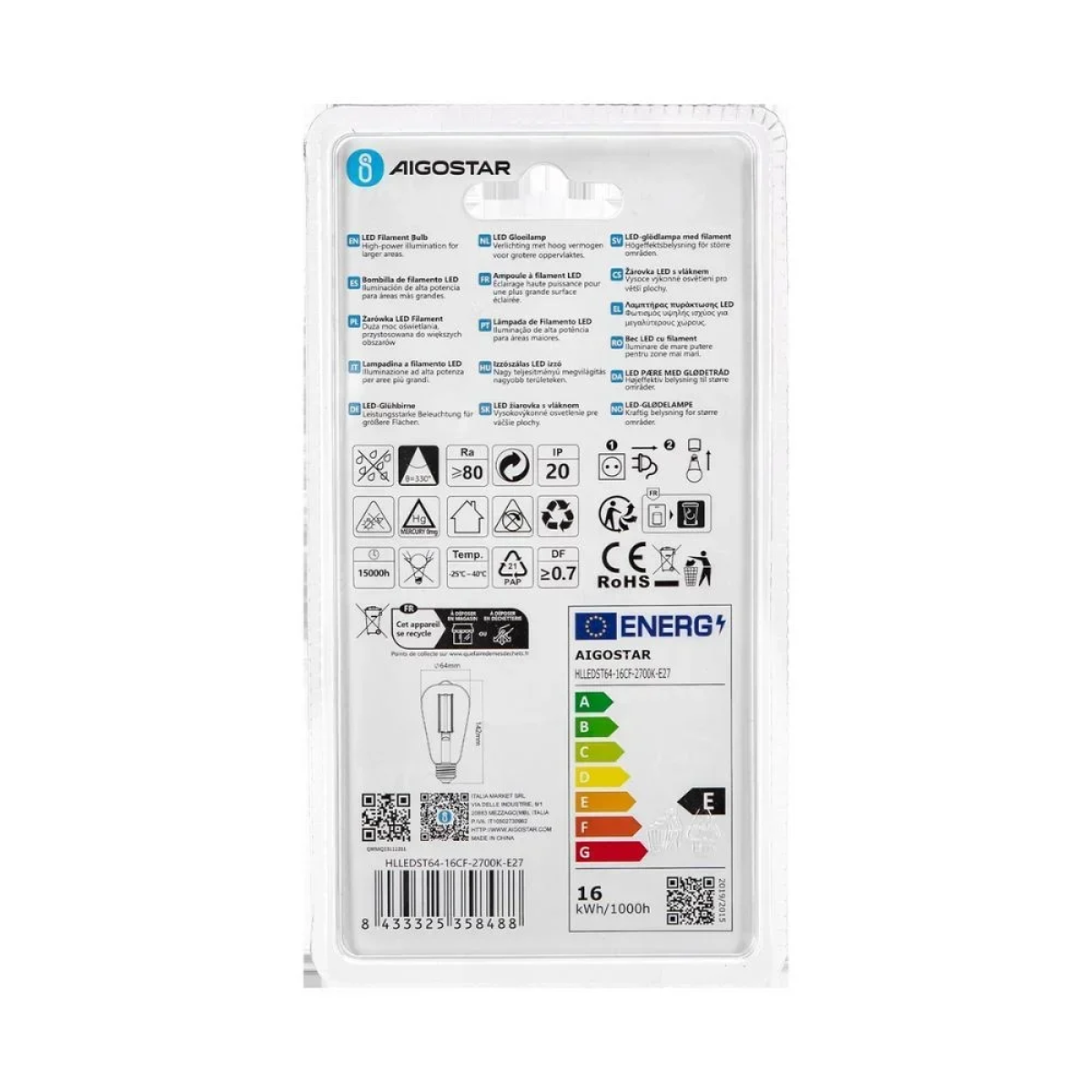 Λάμπα Νήματος LED ST64 E27 16W 2700K Aigostar