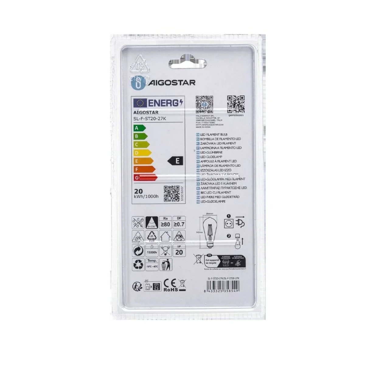 Λάμπα Νήματος LED ST64 E27 20W 2700K Aigostar