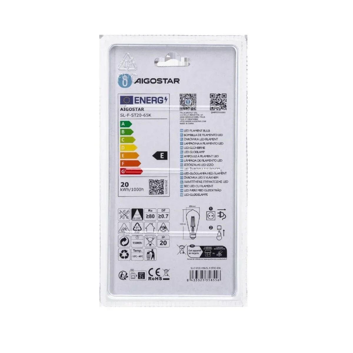 Λάμπα Νήματος LED ST64 E27 20W 6500K Aigostar