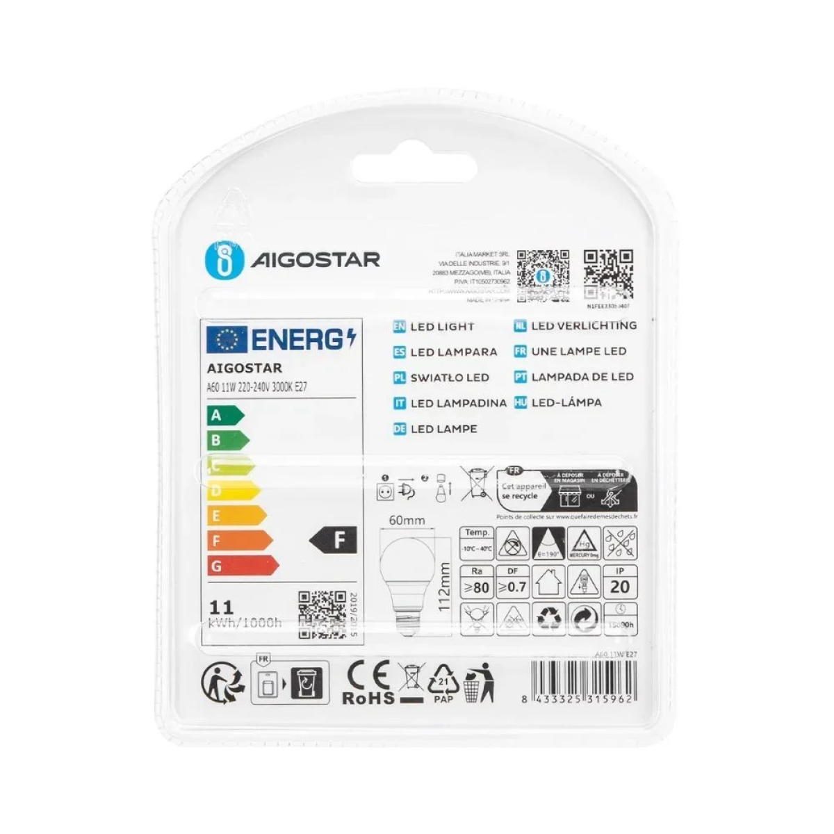 LED Λάμπα A60 E27 11W 3000K Aigostar 2τμχ
