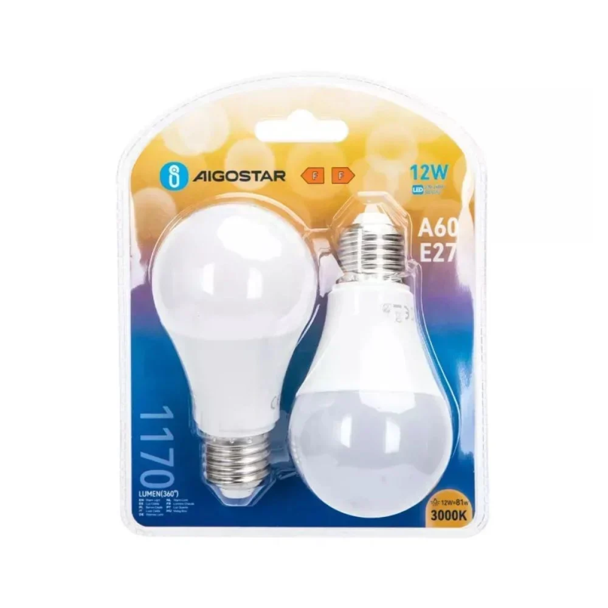 LED Λάμπα A60 E27 12W 3000K Aigostar 2τμχ