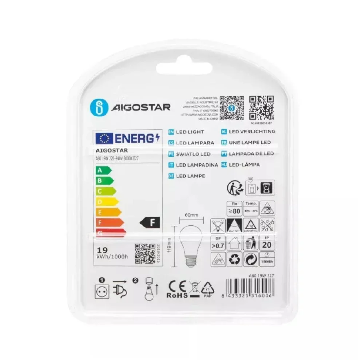 LED Λάμπα A60 E27 19W 3000K Aigostar 2τμχ