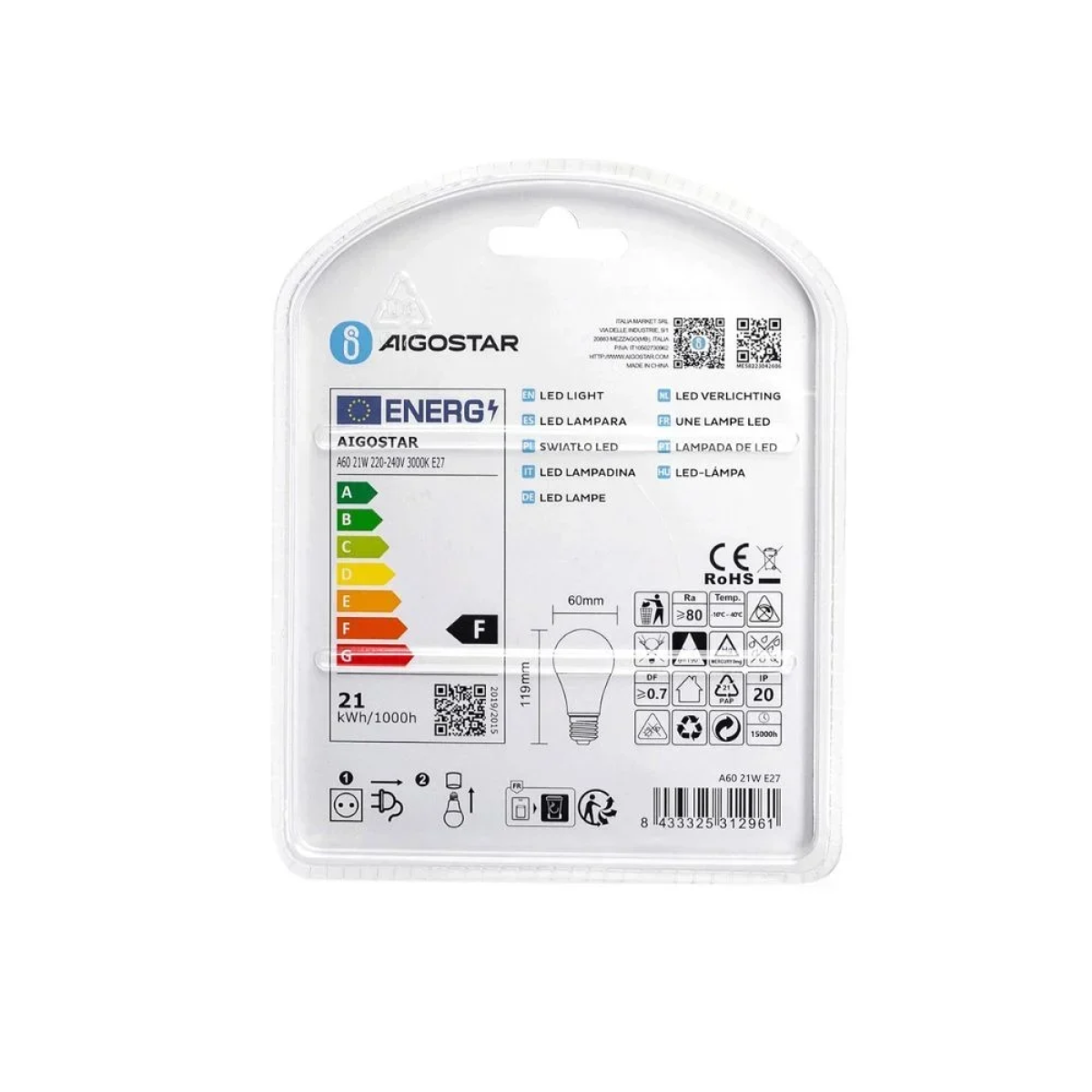 LED Λάμπα A60 E27 21W 3000K Aigostar 2τμχ