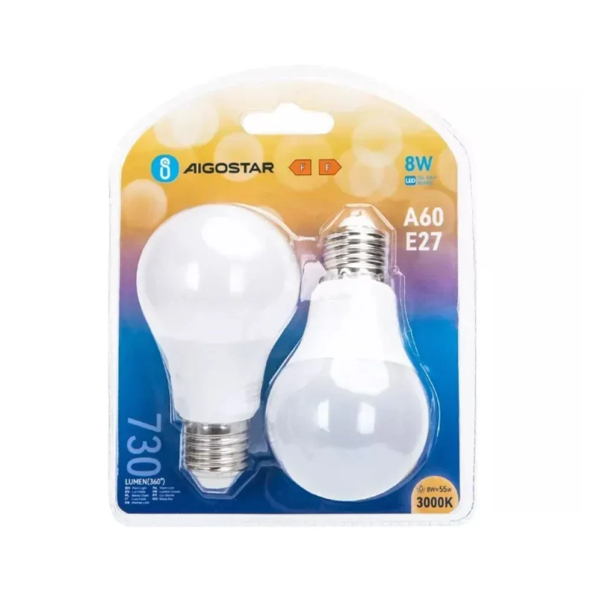 LED Λάμπα A60 E27 8W 3000K Aigostar 2τμχ