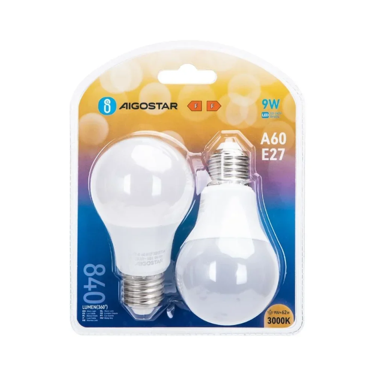 LED Λάμπα A60 E27 9W 3000K Aigostar 2τμχ