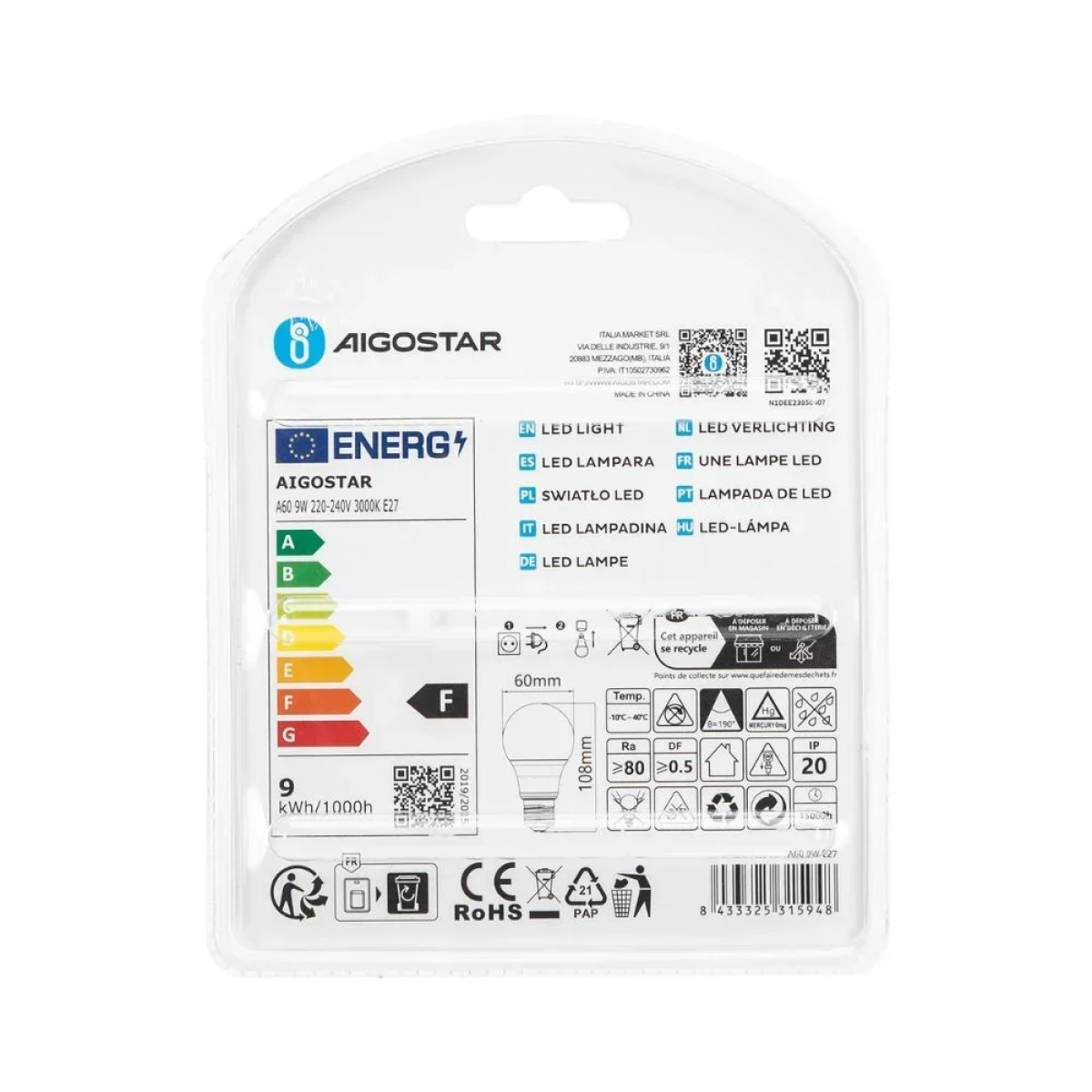 LED Λάμπα A60 E27 9W 3000K Aigostar 2τμχ
