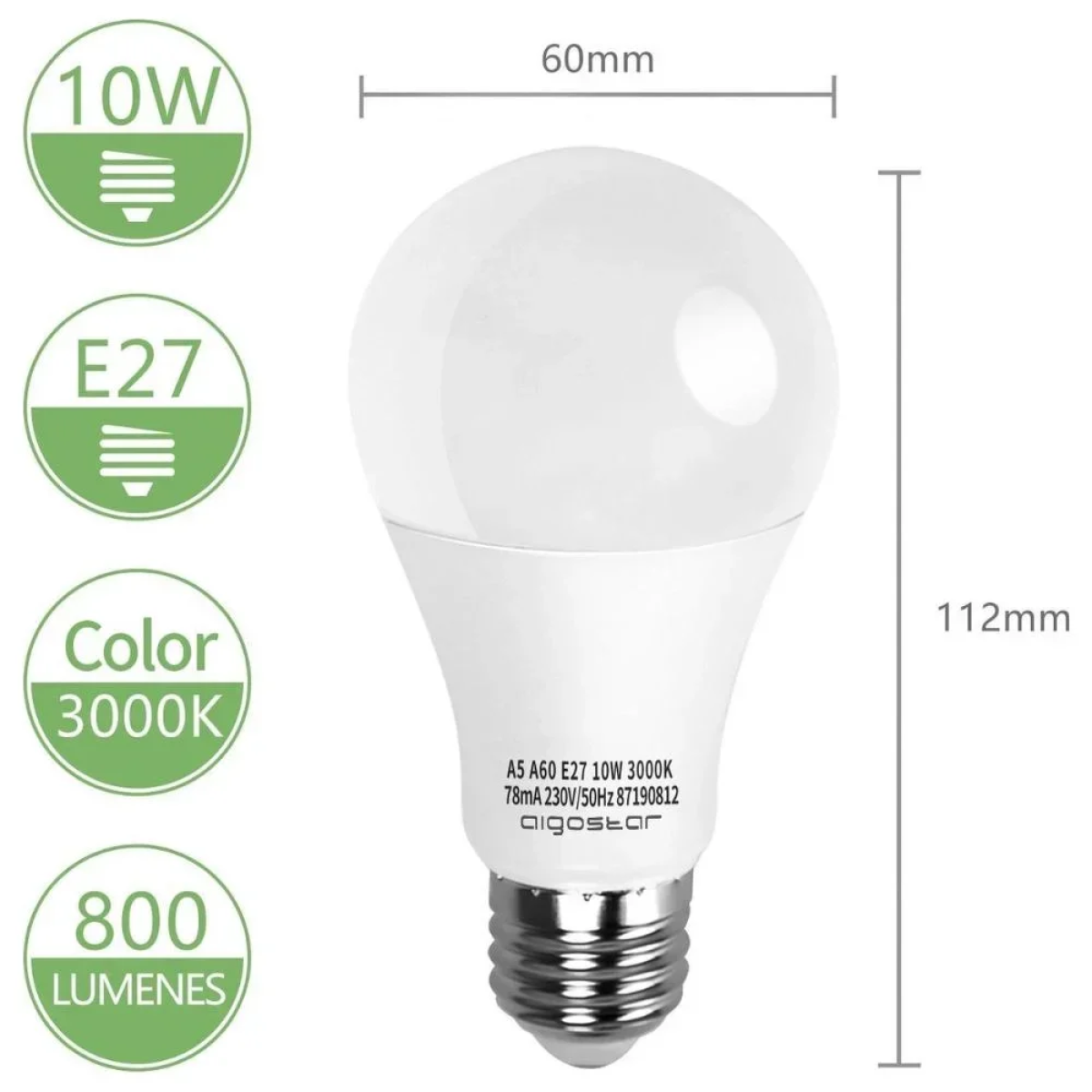 LED Λάμπα Aigostar A60 E27 10W 3000K