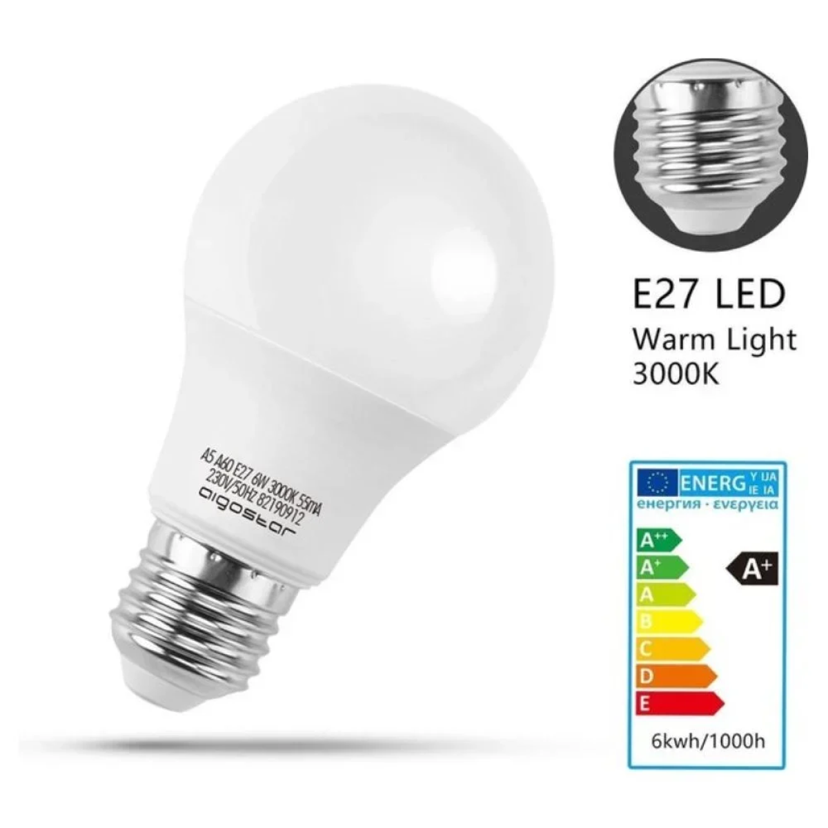 LED Λάμπα Aigostar A60 E27 6W 3000K
