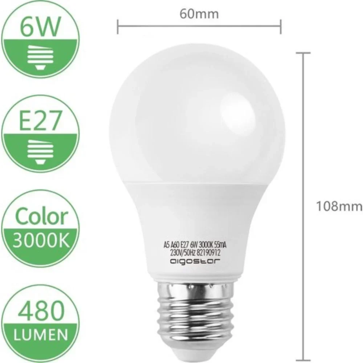 LED Λάμπα Aigostar A60 E27 6W 3000K