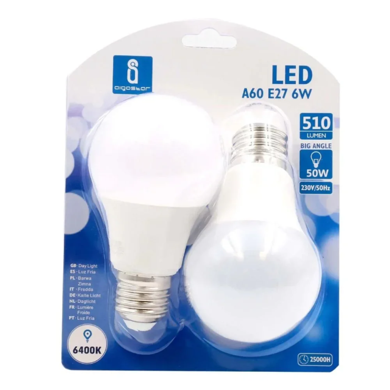 LED Λάμπα Aigostar A60 E27 6W 6400K 2τμχ