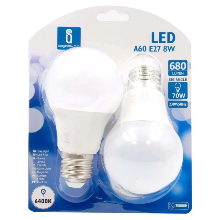 LED Λάμπα Aigostar A60 E27 8W 6400K 2τμχ