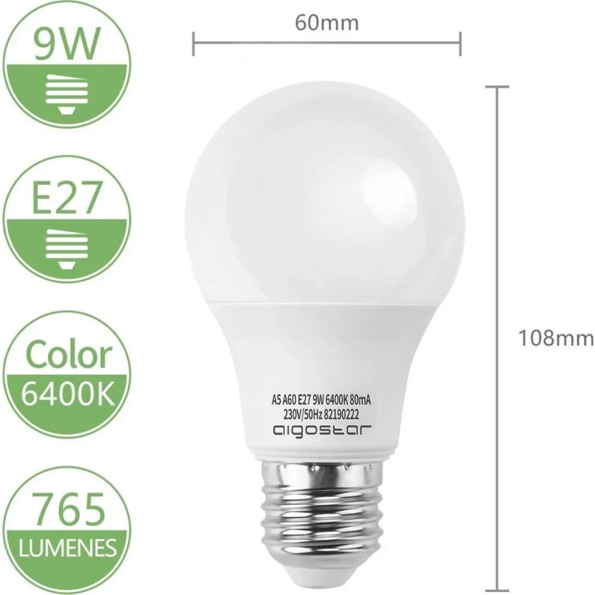 LED Λάμπα Aigostar A60 E27 9W 6400K