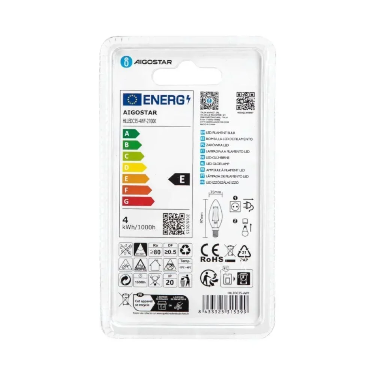 LED Λάμπα C35 E14 4W 2700K Aigostar
