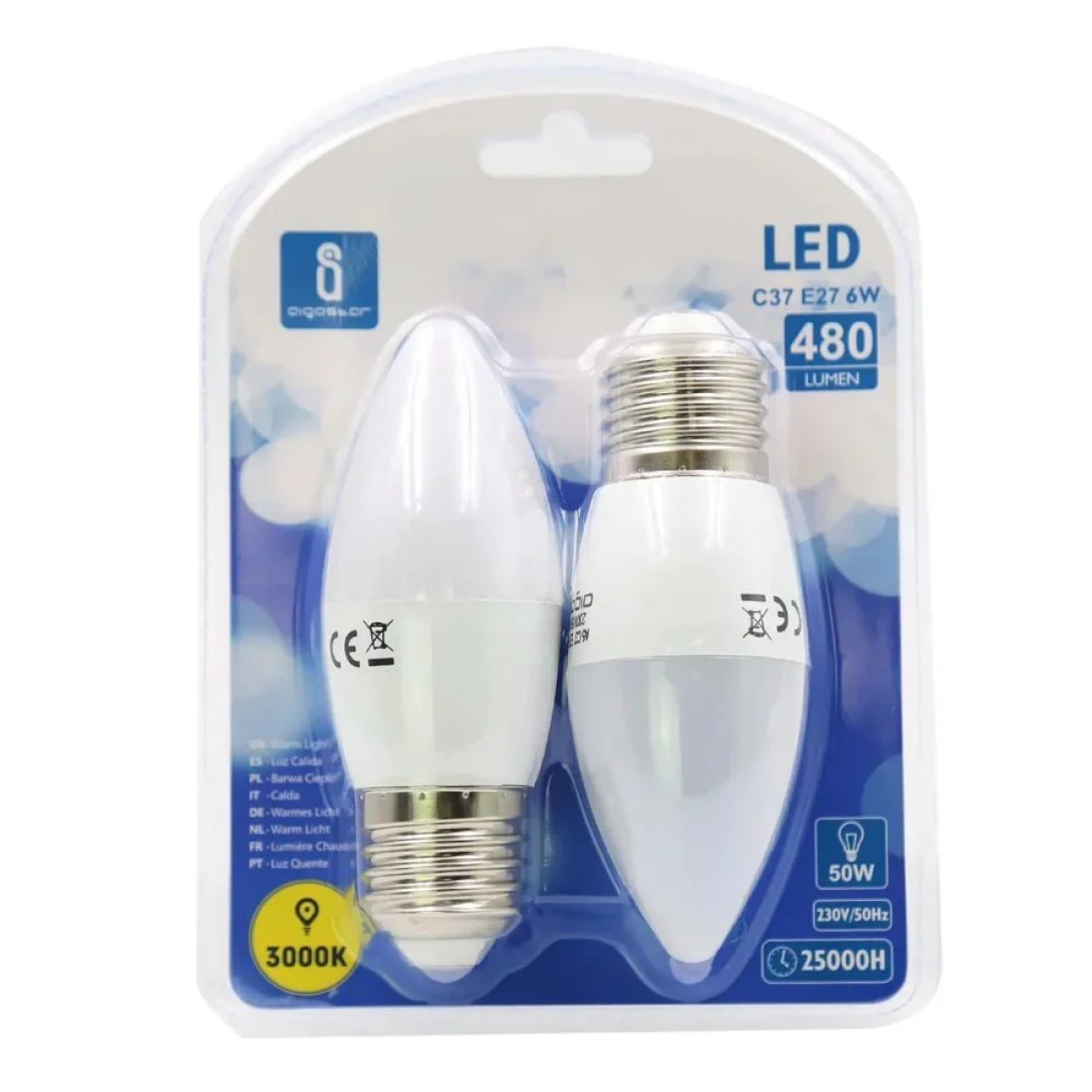 LED Λάμπα C37 E27 6W 3000K Aigostar 2τμχ