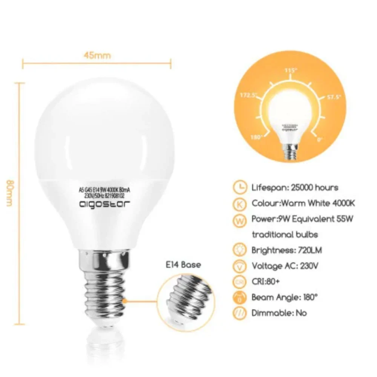 LED Λάμπα G45 E14 9W 4000K Aigostar
