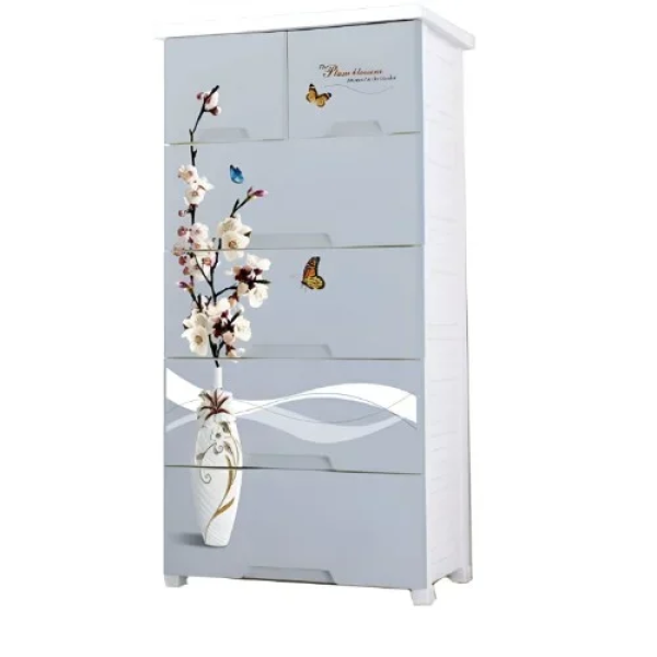Πλαστική Συρταριέρα 139x70x49cm με 6 Συρτάρια & Σχέδιο Βάζο με Λουλούδια 665679 Γκρι