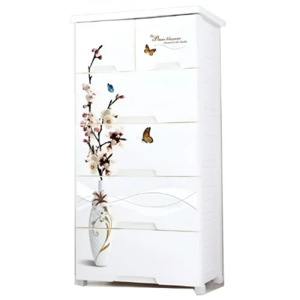 Πλαστική Συρταριέρα 139x70x49cm με 6 Συρτάρια & Σχέδιο Βάζο με Λουλούδια 665679 Λευκό