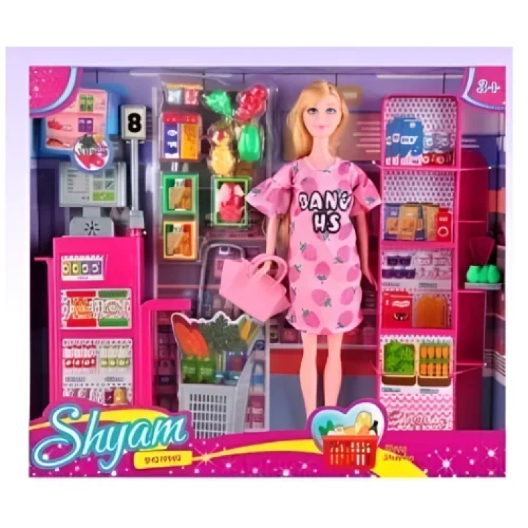 Σετ Κούκλα Supermarket με Ροζ Φόρεμα DB839430