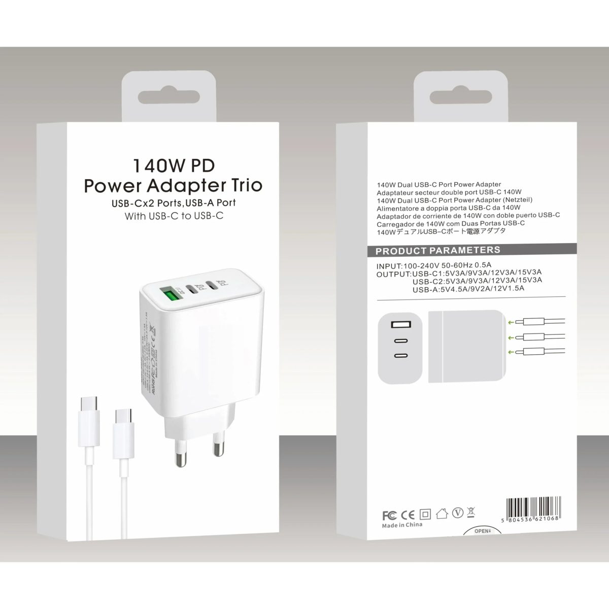 Takemore Αντάπτορας Γρήγορης Φόρτισης 140W 2 PD+QC3.0 με καλώδιο Usb-c σε Usb-c
