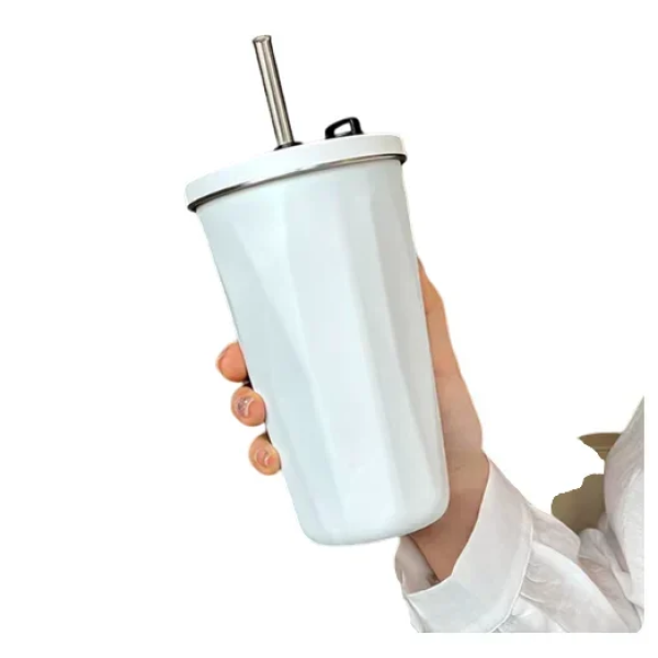 Θερμός – ποτήρι με μεταλλικό καλαμάκι 600ml λευκό