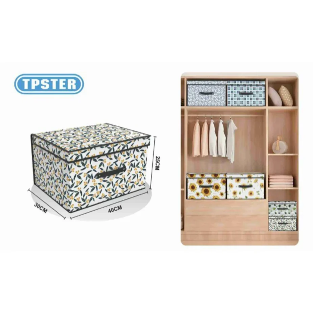 Tpster 31067 Υφασμάτινο Κουτί Αποθήκευσης Λευκό Με Λουλούδια Και Καπάκι 40x30x25εκ