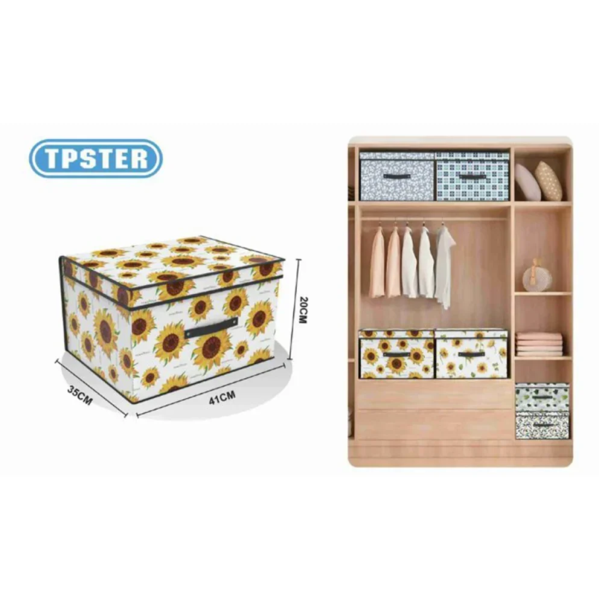 Tpster 31075 Υφασμάτινο Κουτί Αποθήκευσης Λευκό Με Σχέδιο Ηλιοτρόπια Kαι Καπάκι 41x35x20εκ
