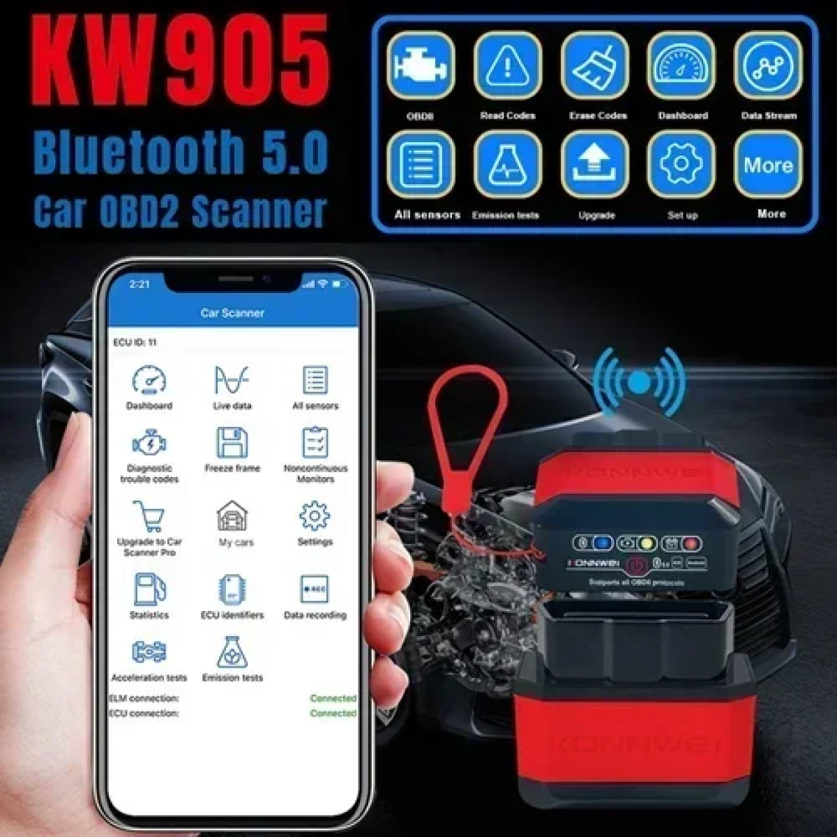Διαγνωστικό αυτοκινήτου Konnwei OBD II Bluetooth KW905 κόκκινο - Image 2