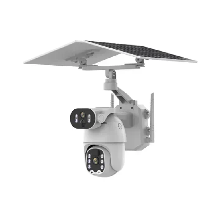 Ηλιακή ασύρματη κάμερα ασφαλείας PTZ διπλού φακού με 4G και αυτόματη περιστροφή λευκό