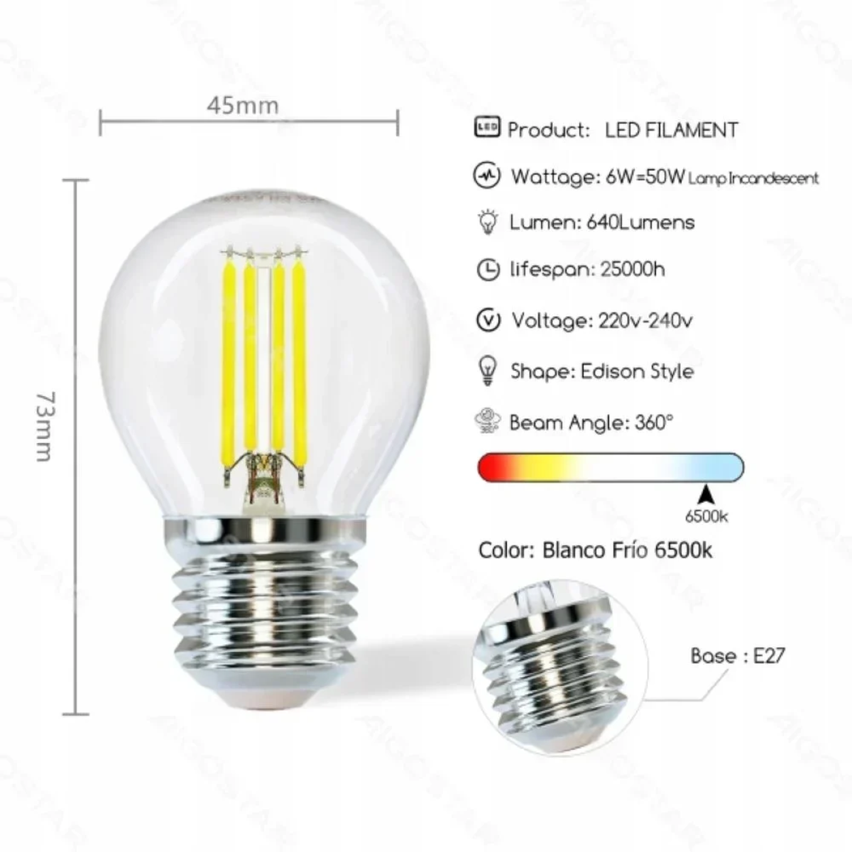LED Λάμπα G45 E27 6W 6500K Aigostar