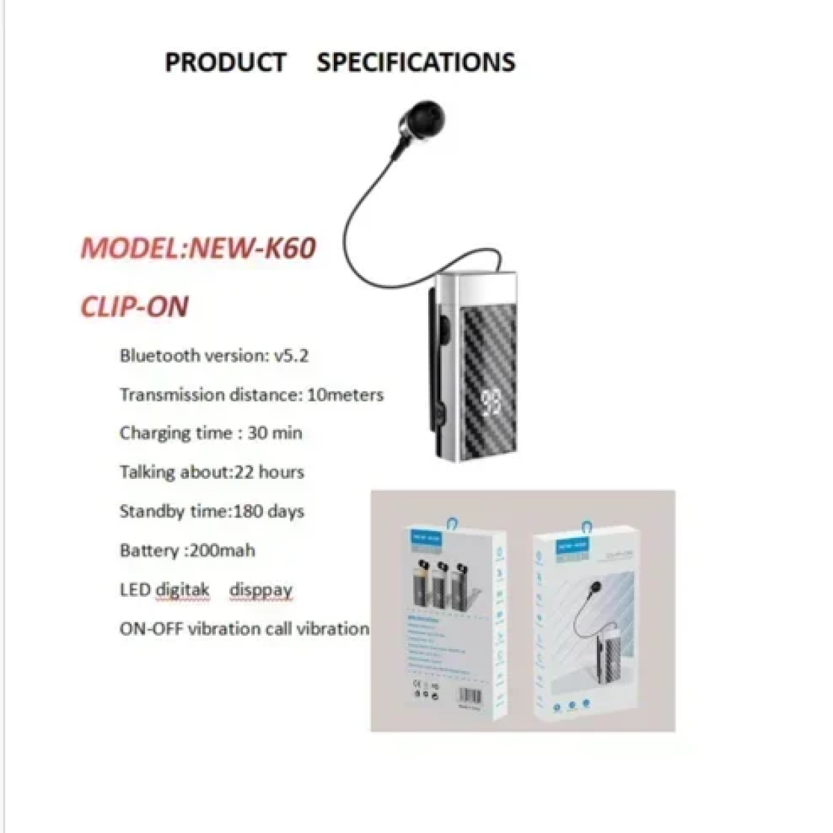 New-K60 In-ear Bluetooth Handsfree Ακουστικό Πέτου Ασημί