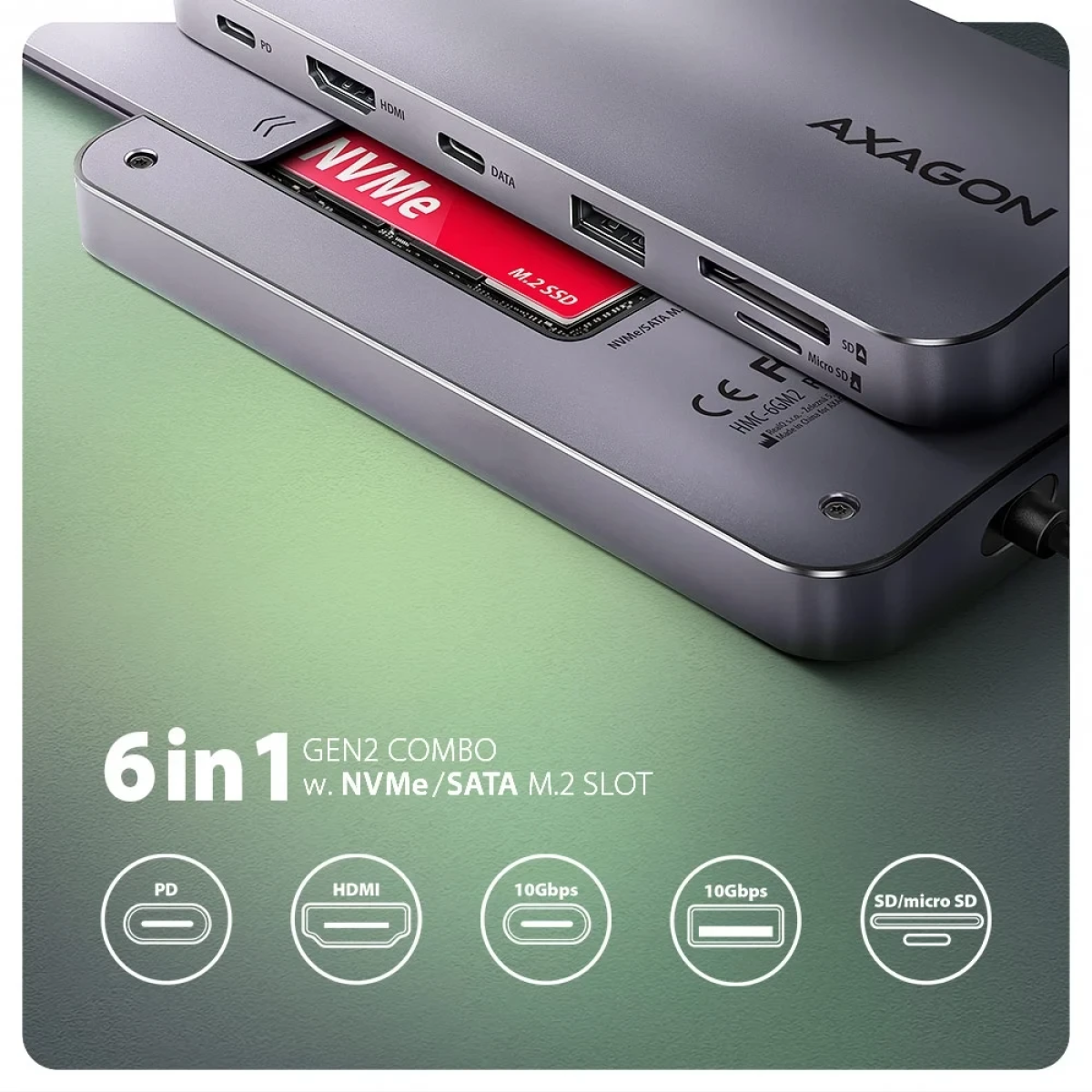 Axagon USB-C 3.2 Gen 2 hub w. M.2 SATA/NVMe + HDMI + 1x USB-A + 1x USB-C + CR + PD 100W HMC-6GM2 - Image 4