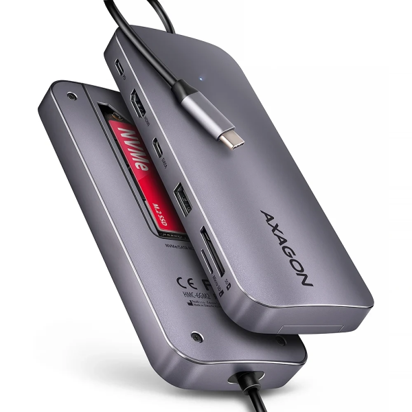 Axagon USB-C 3.2 Gen 2 hub w. M.2 SATA/NVMe + HDMI + 1x USB-A + 1x USB-C + CR + PD 100W HMC-6GM2