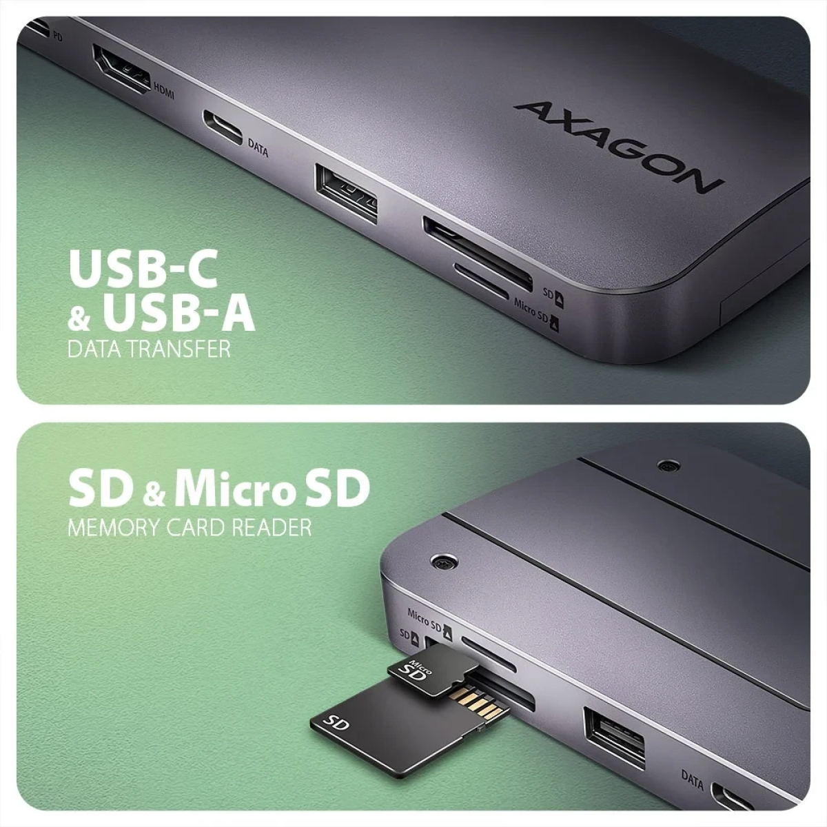 Axagon USB-C 3.2 Gen 2 hub w. M.2 SATA/NVMe + HDMI + 1x USB-A + 1x USB-C + CR + PD 100W HMC-6GM2 - Image 2