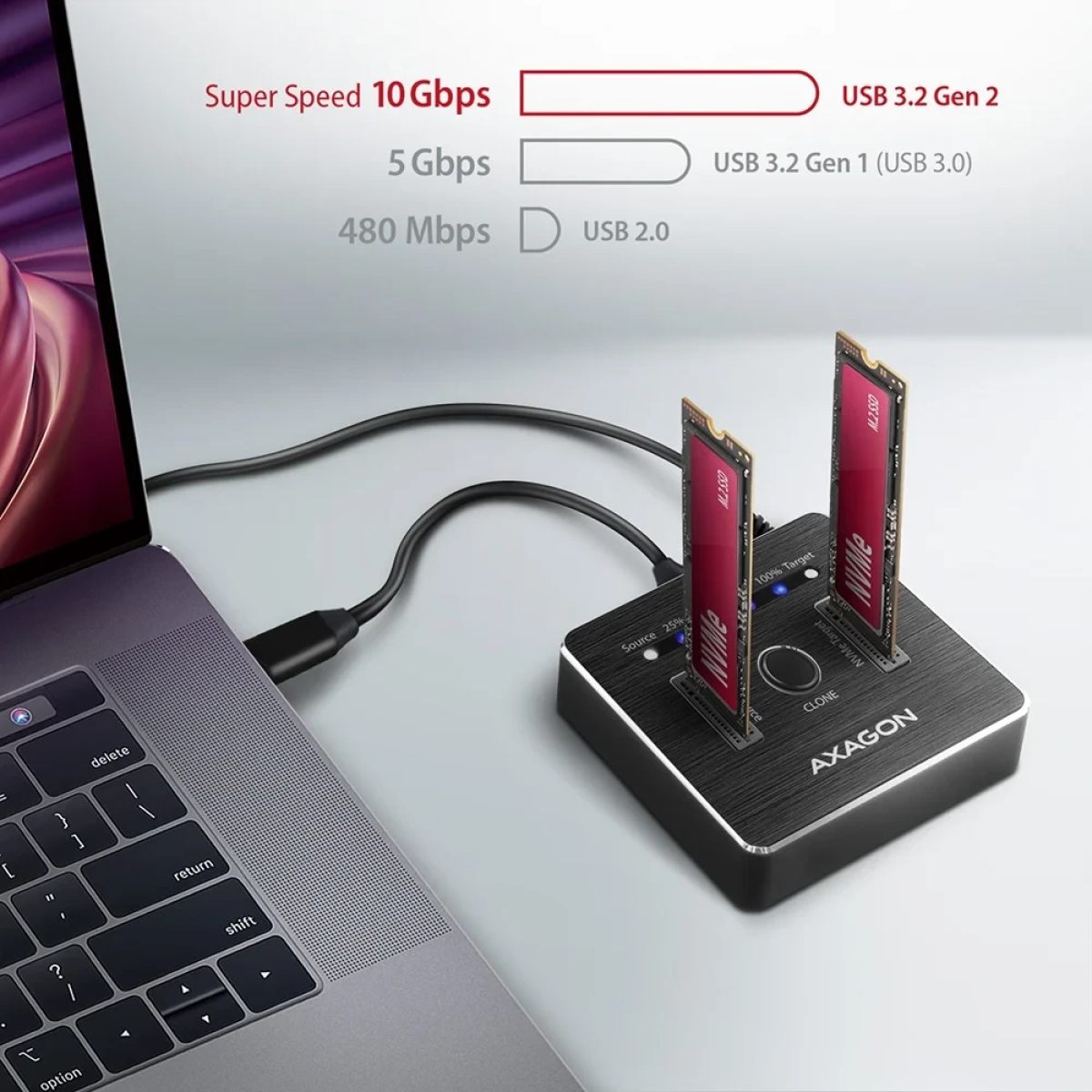 Axagon Docking Station για 2 SSD NVMe USB-C 3.2 Gen2 με Λειτουργία Clone Μαύρο ADSA-M2C - Image 3