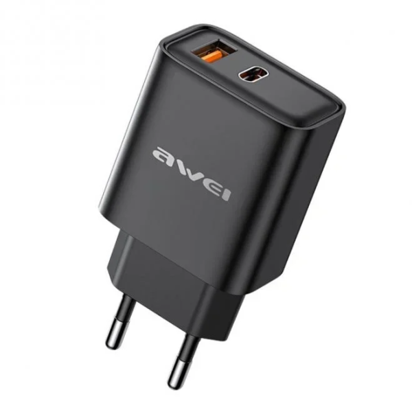 Awei Φορτιστής με Θύρα USB-A και Θύρα USB-C και Καλώδιο Lightning 22.5W Power Delivery Μαύρο PD81-EU