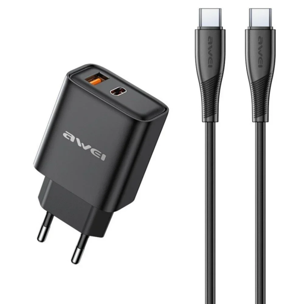 Awei Φορτιστής με Θύρα USB-A και Θύρα USB-C και Καλώδιο Type-c 22.5W Power Delivery Μαύρο PD81-EU