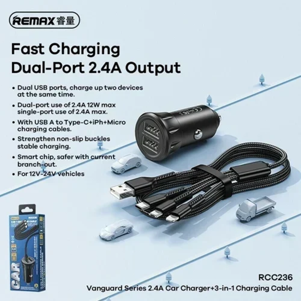 Φορτιστής αυτοκινήτου 2.4A με θύρες 2xUSB με καλώδιο Micro-USB / Type-C Remax RCC-236 - Image 3