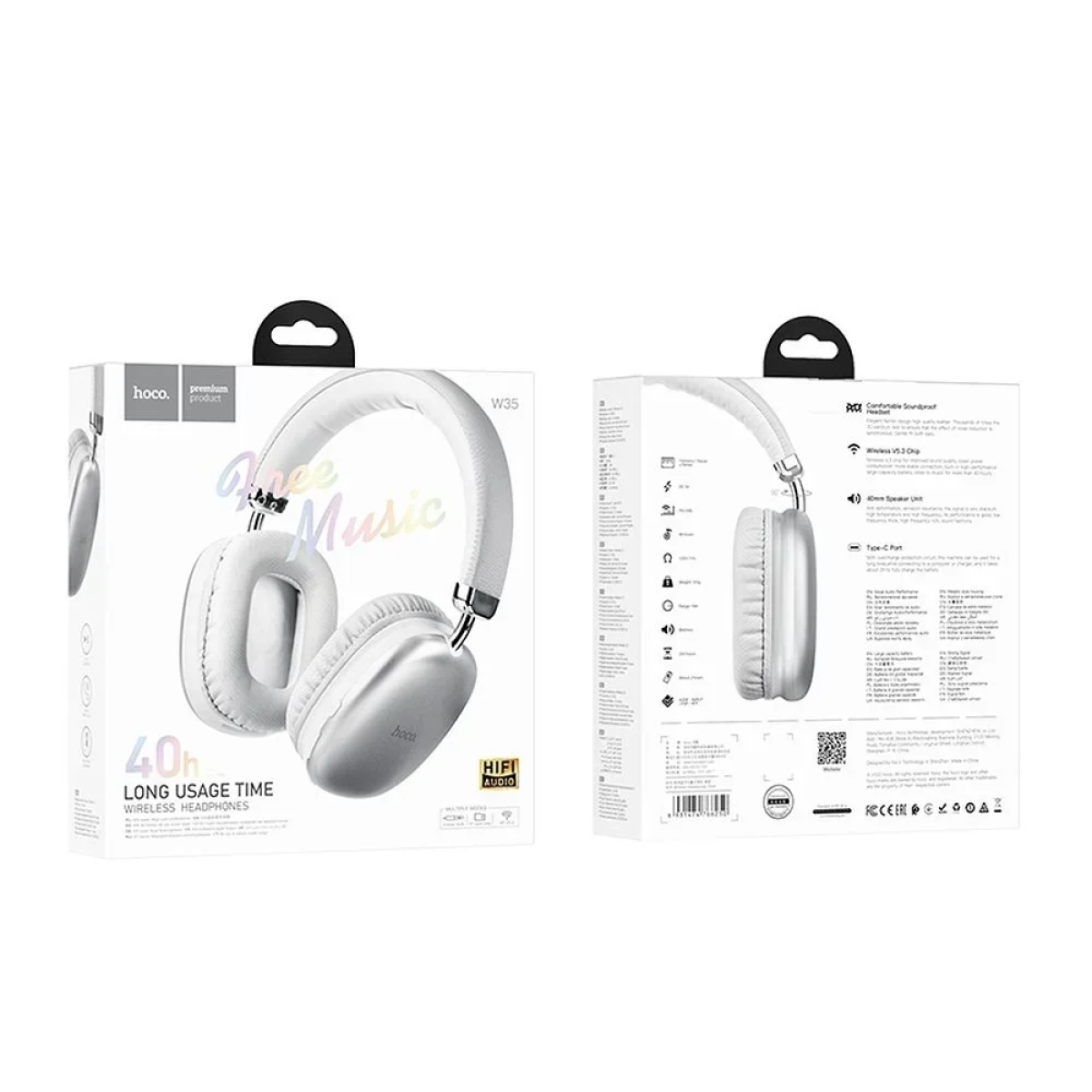 Hoco W35 Ασύρματα/Ενσύρματα Over Ear Ακουστικά με 40 ώρες Λειτουργίας Ασημί