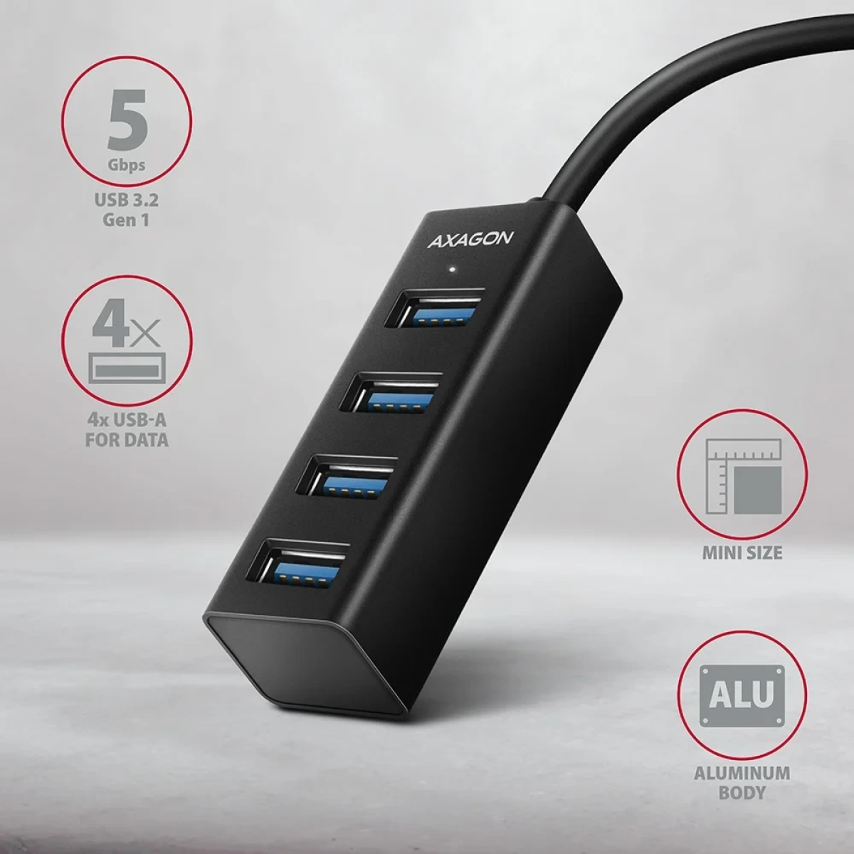 Axagon USB-A HUB 4x USB-A 3.2 Gen 1 Μεταλλικό Καλώδιο 20cm Μαύρο HUE-M1A - Image 3