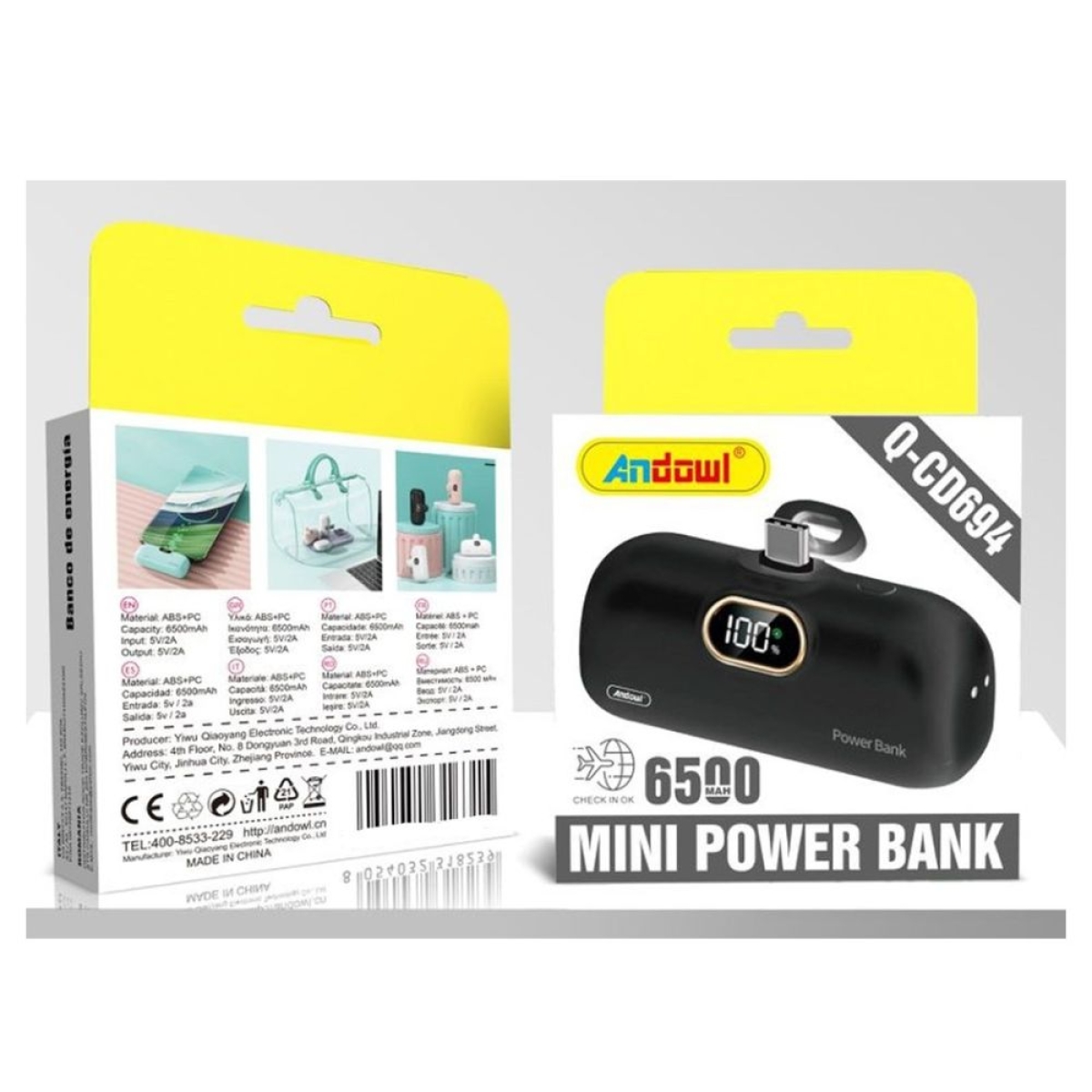 Mini Capsule Powerbank USB-C με ενσωματωμένη υποδοχή 6500mAh Andowl Q-CD694 Μαύρο