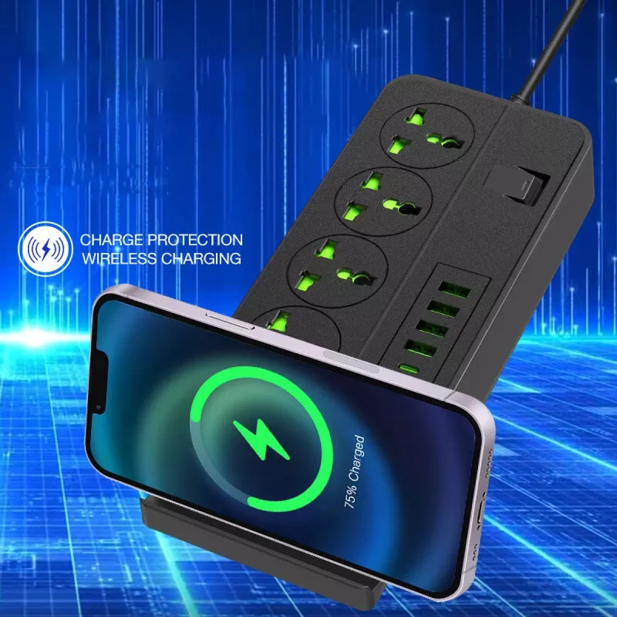 Πολύπριζο 4 θέσεις Σούκο, 4 θύρες Usb & 2 θύρες Type-c με Ασύρματη Φόρτιση Τηλεφώνου Andowl Q-PX120