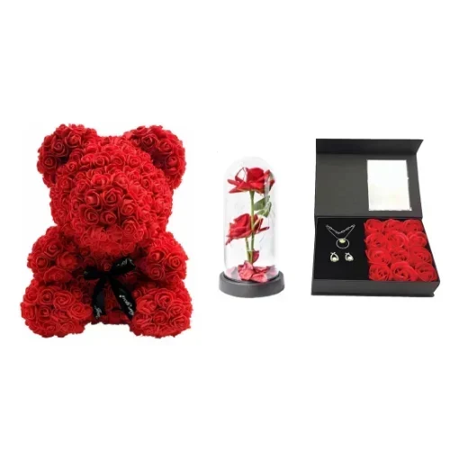 Σετ Με Rose Bear, Τριαντάφυλλα Με Led Φωτισμό Σε Γυάλινο Θόλο &Amp; Κουτί Δώρου Για Κόσμημα