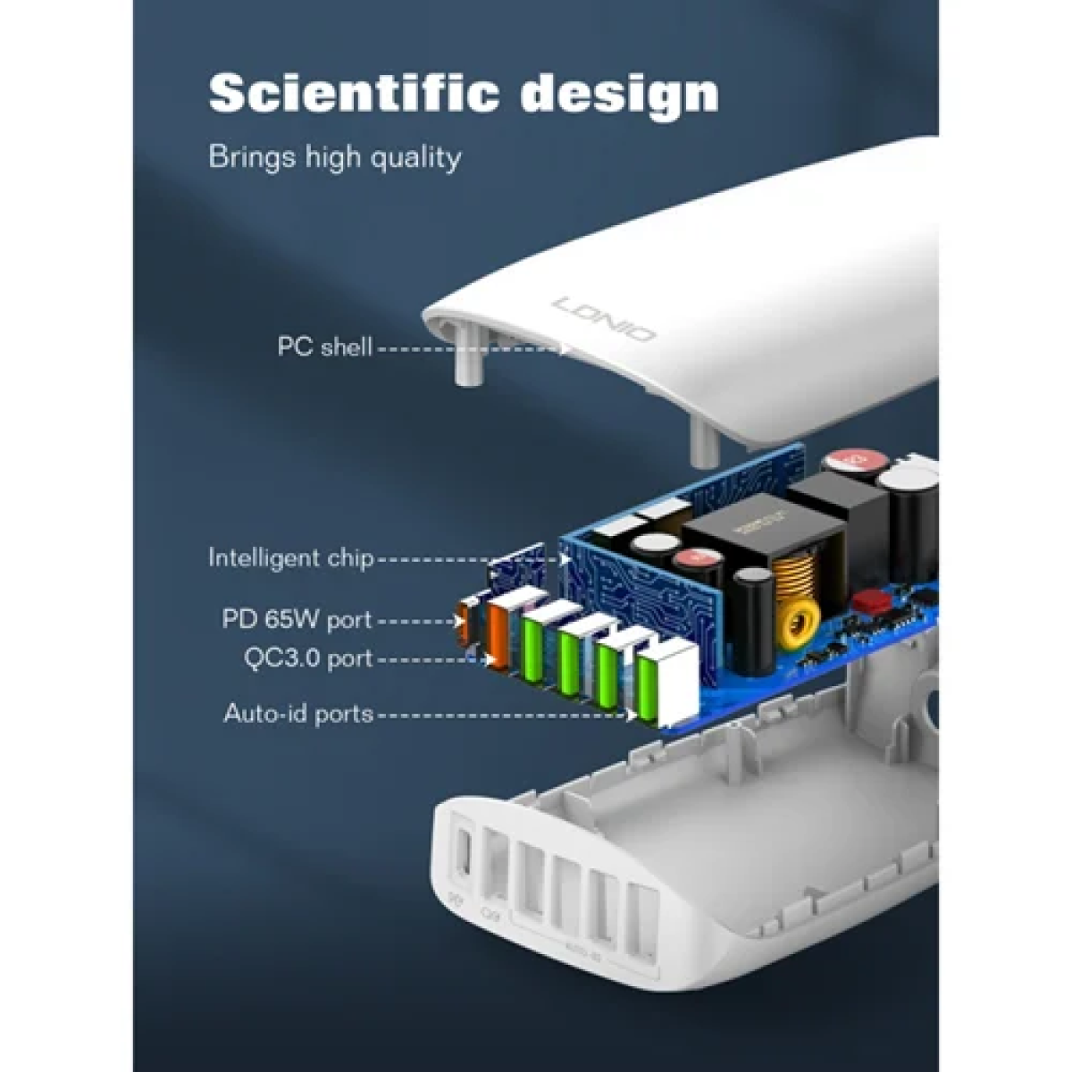 Βάση φόρτισης με 5 θύρες USB-A & θύρα USB-C 65W Ldnio A6573C - λευκή - Image 6