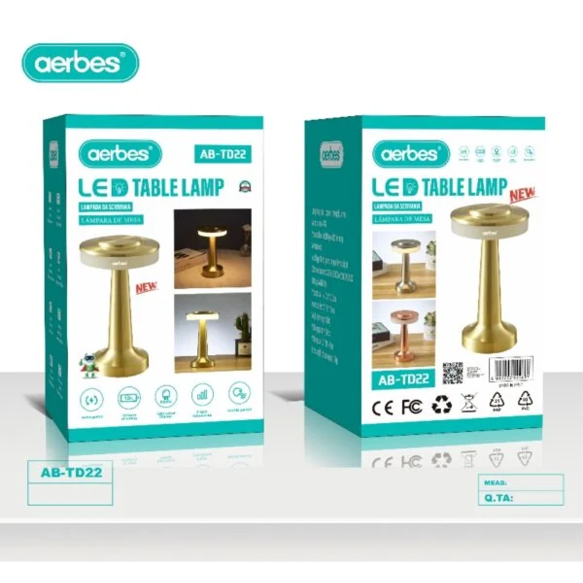 Aerbes AB-TD22 Επαναφορτιζόμενο LED Επιτραπέζιο Φωτιστικό Αφής με 3 λειτουργίες - Χρυσό