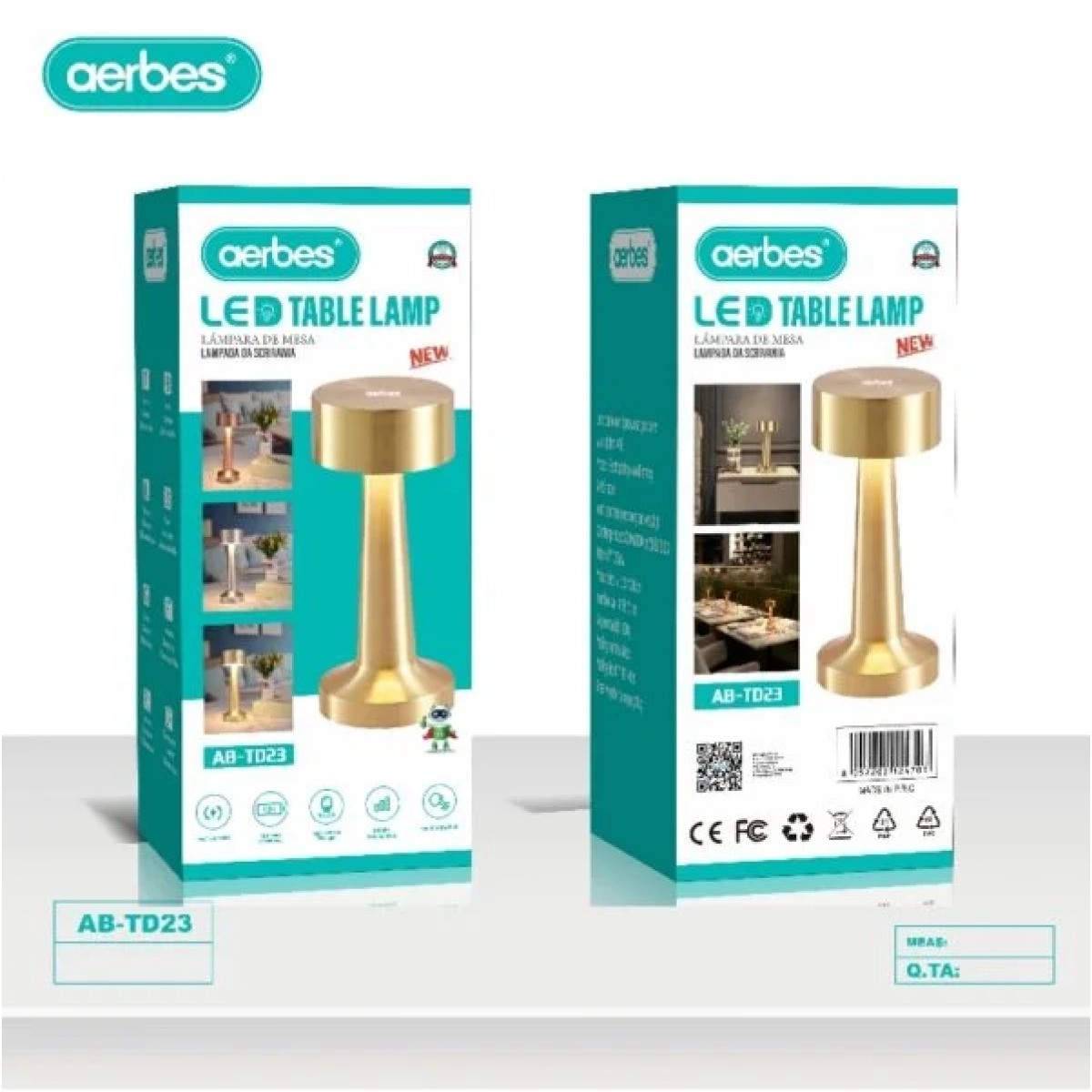 Aerbes AB-TD23 Επαναφορτιζόμενο LED Επιτραπέζιο Φωτιστικό Αφής με 3 λειτουργίες - Χρυσό