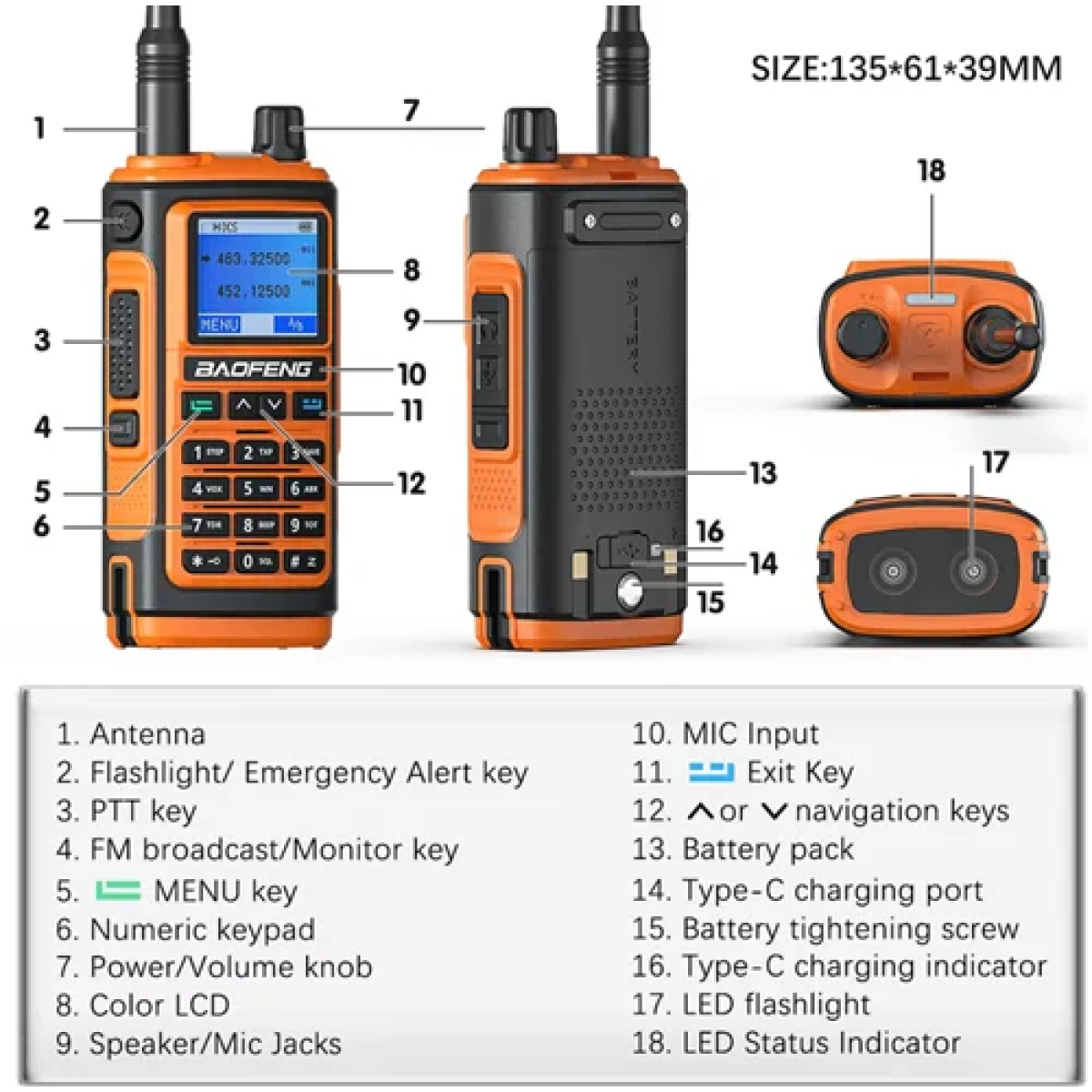 Ασύρματος πομποδέκτης με έγχρωμη οθόνη UHF/VHF BAOFENG BF-17M πορτοκαλί - Image 4