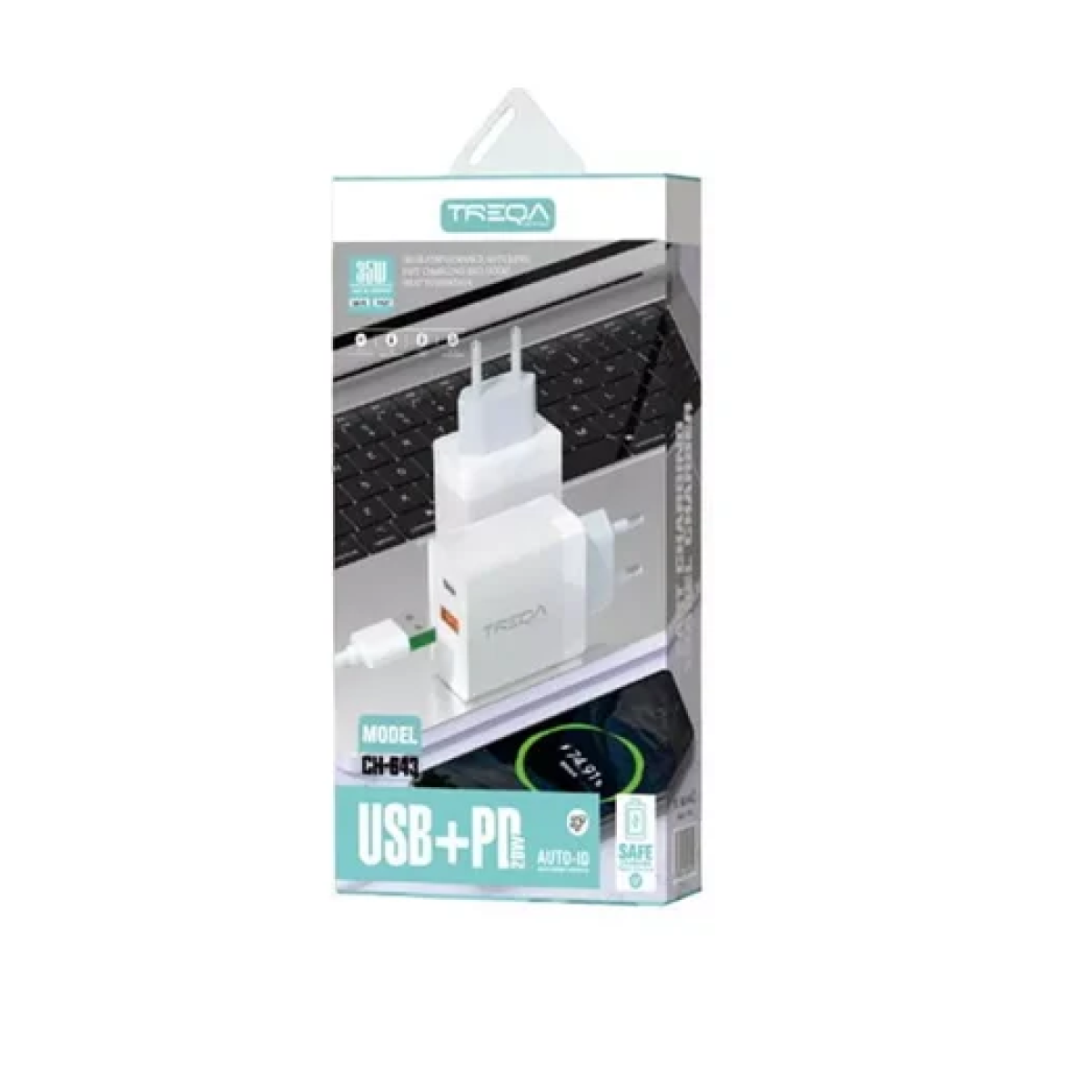 Treqa CH-643 Φορτιστής Ταχείας Φόρτισης με θύρες USB-A, USB-C και Καλώδιο Type-C 38W Λευκός - Image 2