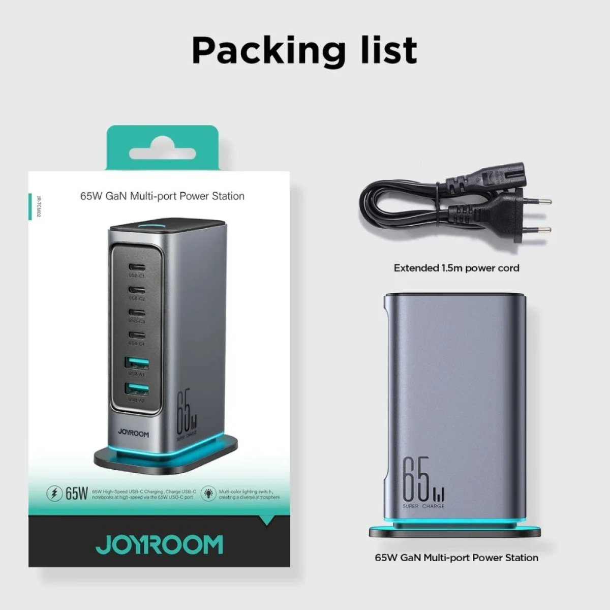 Joyroom Φορτιστής GaN Πολλαπλών Θυρών 65W 4x USB-C και 2x USB-A - Σκούρο Γκρι JR-TCM02