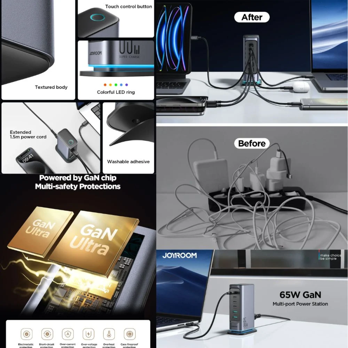 Joyroom Φορτιστής GaN Πολλαπλών Θυρών 65W 4x USB-C και 2x USB-A - Σκούρο Γκρι JR-TCM02
