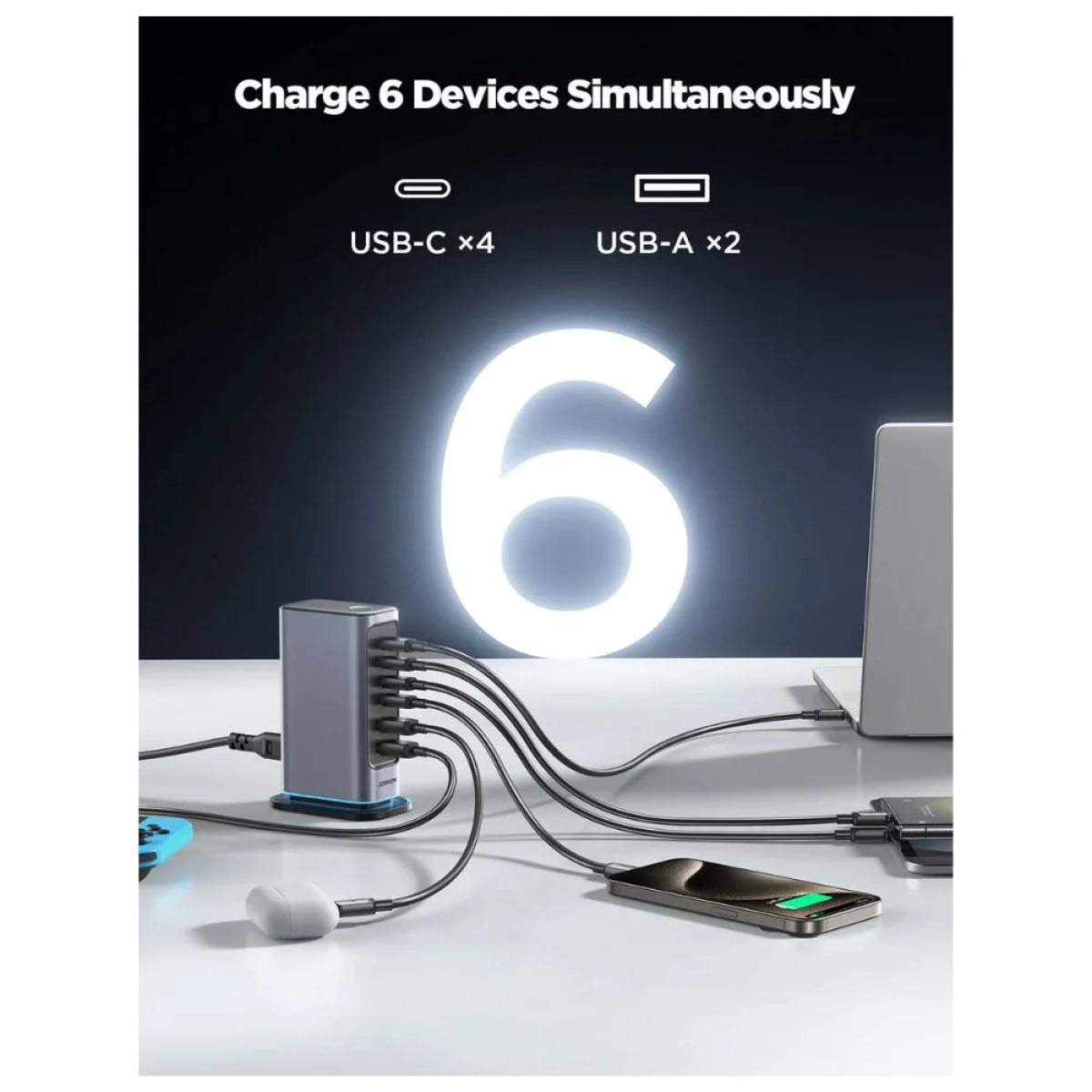 Joyroom Φορτιστής GaN Πολλαπλών Θυρών 65W 4x USB-C και 2x USB-A - Σκούρο Γκρι JR-TCM02
